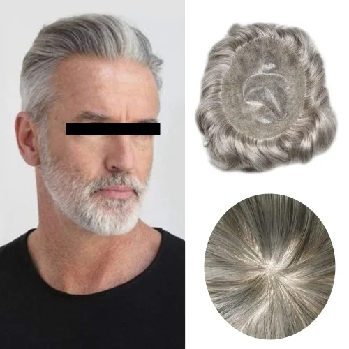 Miniatura 97 de Toupee para hombres Sistema de reemplazo de cabello humano real para hombres Completo PU Mens Hairpiece de aspecto natural para hombre piezas
