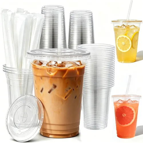 Tazas de café helado To Go de 16 onzas con tapas y pajitas, paquete de 25 vasos desechables de plástico transparente con tapas para café helado,