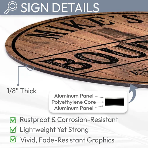 Miniatura 3 de Chico Creek Signs Letrero de barra de Bourbon personalizado, letrero de barra de metal redondo personalizado, envejecido a la perfección, hecho