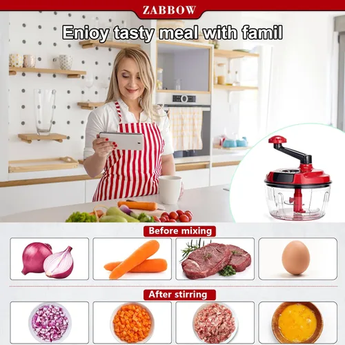 Miniatura 3 de Procesador manual de alimentos,Picador de manivela manual de 8 tazas,Licuadora de picadora con recipiente transparente,para verduras, carne, frutas
