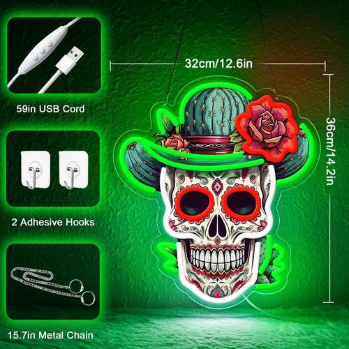 Miniatura 3 de Letrero de neón del Día de los Muertos, luz de neón LED de calavera de azúcar mexicana para decoración del hogar y bar, arte impreso UV con tira LED