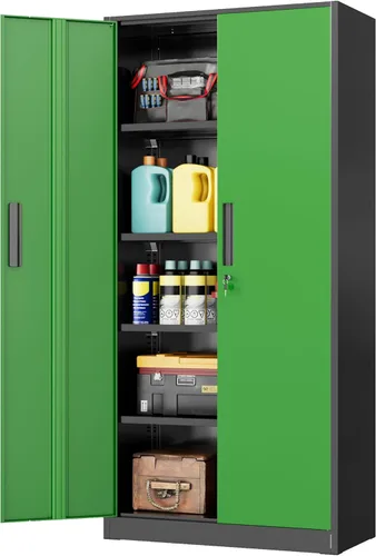 Miniatura 29 de INTERGREAT Armario de almacenamiento de metal para garaje, armario de almacenamiento con cerradura de 36 pulgadas con 2 puertas y 2 estantes Negro