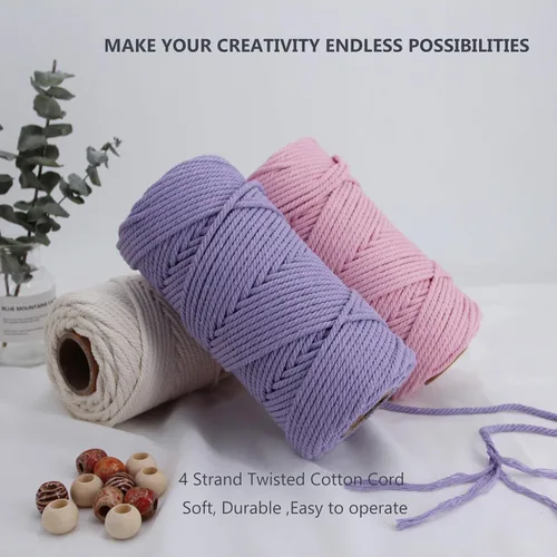 Miniatura 3 de Cordón de macramé de 1/64 pulgadas (0.157 in) de color rosa claro, hilo de algodón natural para tejer a mano a mano, 4 hebras para colgar