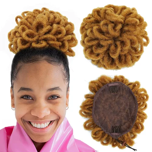 Miniatura 13 de DreadLock Moño Loc Moño de Pétalo Moño Afro High Puff Peluca de Cola de Caballo con Cordón Sintética Locs Falsos Moño de Cabello Cola de Caballo