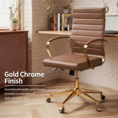 Miniatura 5 de Okeysen Silla de escritorio de oficina dorada, sillas ergonómicas de cuero modernas para sala de conferencias, silla ejecutiva acanalada ajustable