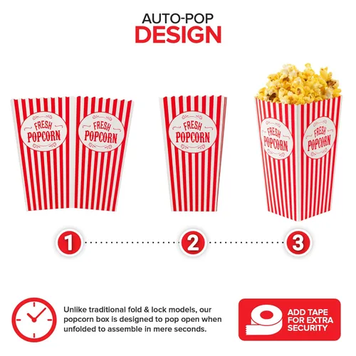 Miniatura 4 de Stock Your Home Paquete de 50 cajas de palomitas de maíz desechables de cine a rayas rojas y blancas, capacidad de 30 onzas, caja de aperitivos