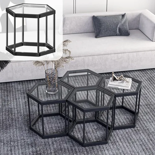 Miniatura 10 de Mesa auxiliar modular hexagonal, marco chapado en oro, parte superior de vidrio templado, mesa auxiliar geométrica, mesa anidable multiusos