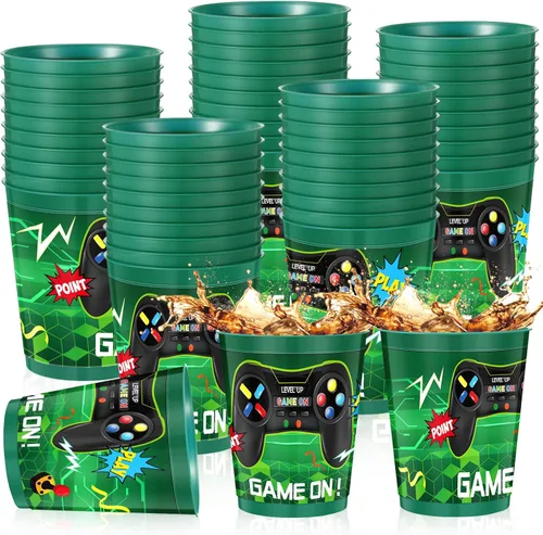 Miniatura 8 de Tanlade Juego de 50 tazas temáticas de videojuegos de 16 onzas, vasos de plástico reutilizables para fiestas de video populares, decoraciones de Azul