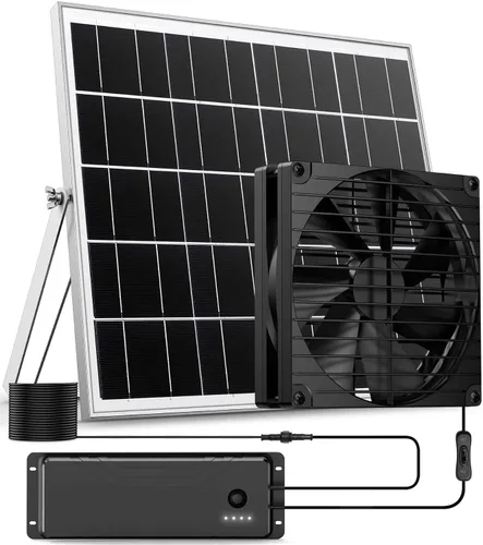 Miniatura 10 de Ventilador solar con batería, ventilador solar recargable para gallinero, invernadero, cobertizo, exterior con dos ventiladores de entrada de escape