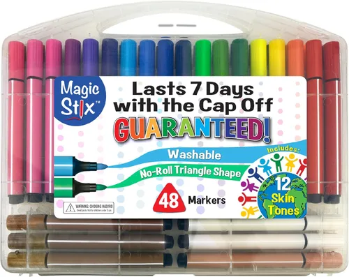 The Pencil Grip Magic Tri Stix, marcadores no tóxicos y lavables para niños, juego de 48, 36 arcoíris + 12 marcadores globales de tono de piel,