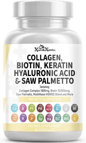 Suplemento de colágeno 16 en 1, péptidos tipo I, II, III y V con biotina, queratina, ácido hialurónico, palma enana americana, vitaminas C y E,