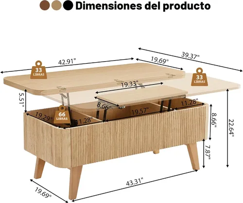 Miniatura 2 de Mesa de centro 3 en 1 con tapa elevable, mesas de centro convertibles acanaladas que se convierten en mesas de comedor, moderna mesa central