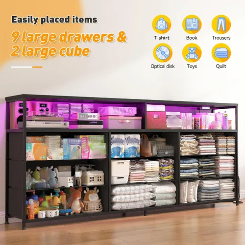 Miniatura 5 de Cómoda negra de 55 pulgadas de ancho para dormitorio con estación de carga y luz LED, soporte de TV de 65/55/50 pulgadas con 9 cajones de tela