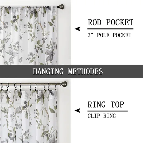 Miniatura 5 de Tollpiz Cortinas cortas y traslúcidas con estampado de mariposas y cerezo gris, media cortina con bolsillo para barra de cocina, cortinas