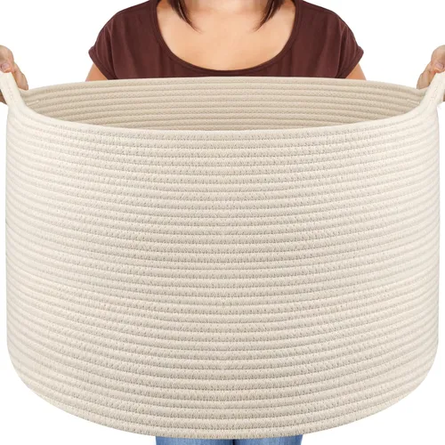Miniatura 16 de Maliton Cesta grande tejida para manta, 22 x 22 x 14 pulgadas, cesta de almacenamiento para organizar, cesta redonda de cuerda de algodón