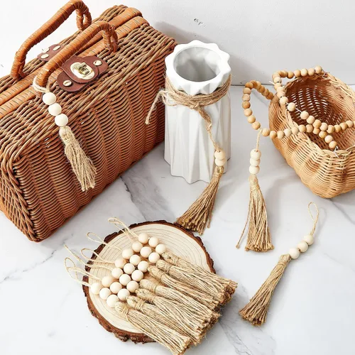 Miniatura 7 de Taiyin 40 juegos de borlas de yute con 3 cuentas de madera, cuerda de yute natural, borlas de arpillera para árbol de Navidad, manualidades, cuentas