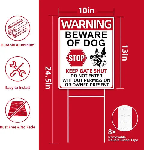 Miniatura 2 de Señales de cuidado con el perro, paquete de 2 carteles de 33x25 cm doble cara, plástico corrugado, estacas de metal en H, señales de perro