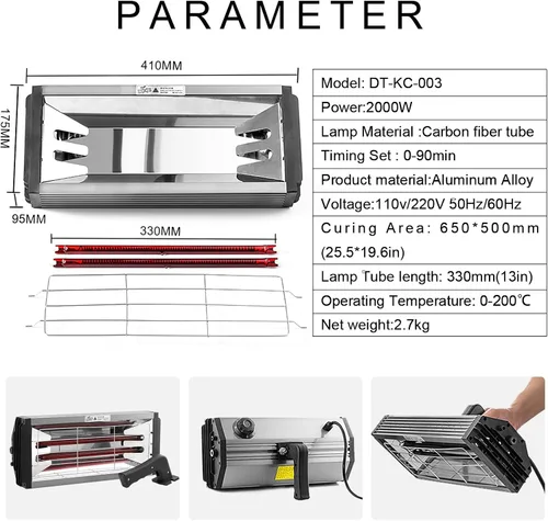 Miniatura 3 de Lámpara de curado de pintura infrarroja 2000 W 110 V de onda corta lámpara de calor infrarrojo de mano para reparación de carrocería de automóvil