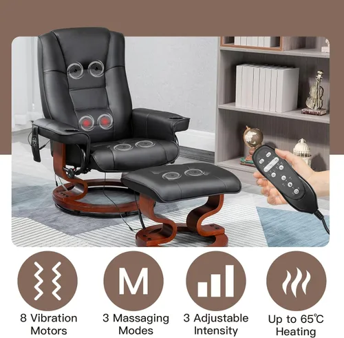 Miniatura 4 de AVAWING Silla reclinable con masaje por vibración, reclinable, de piel sintética, con otomana, giratoria, de madera, para sala de estar, color negro