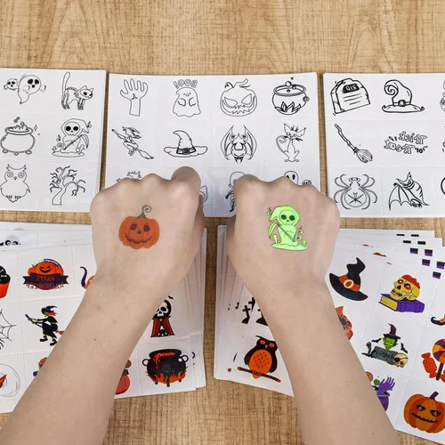 Miniatura 5 de 600 tatuajes temporales de Halloween para niños, varios colores y que brillan en la oscuridad, calcomanías de tatuajes para fiestas de Halloween