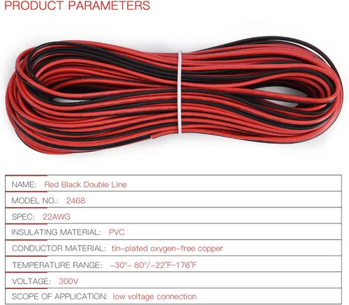 Miniatura 8 de Cable de extensión de 65.6 pies JACKYLED 20M 22AWG Cable de alambre LED para tiras LED de un solo color 22/2 de bajo voltaje, negro y rojo, luz LED