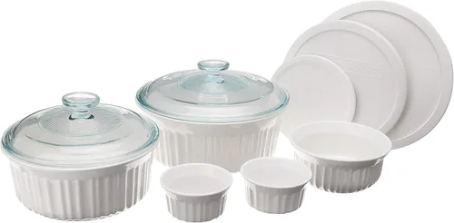 CorningWare French White Juego de 10 Piezas de Utensilios de Cerámica para Hornear con Tapas de Gres Resistente a Astillas y Grietas, Apto para