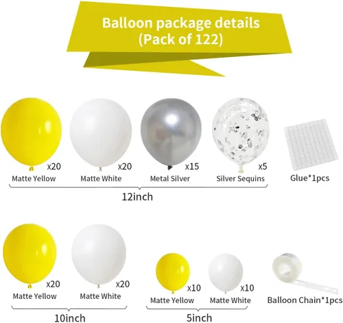 Miniatura 7 de Kit de guirnalda de globos amarillos y blancos, 122 globos blancos y amarillos, globos de confeti plateados metálicos para parrillas de limón