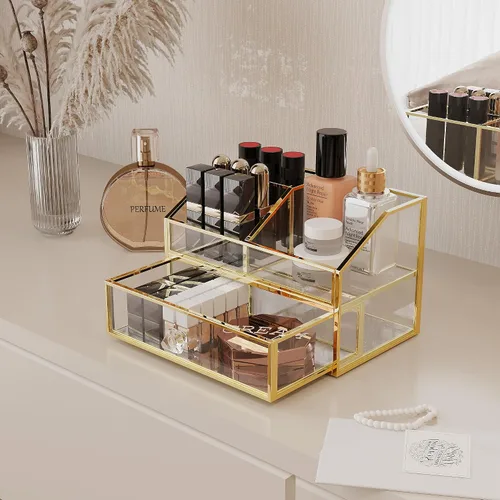 Miniatura 2 de FSyueyun Organizador de maquillaje para tocador, organizador de cajones de vidrio transparente, vitrina de exhibición de joyas, almacenamiento