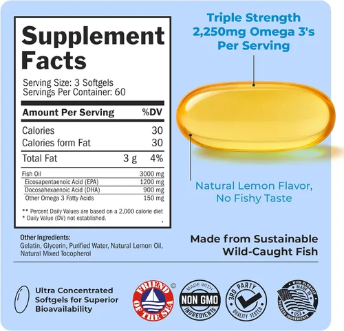 Miniatura 3 de Suplemento de aceite de pescado Omega 3 de triple fuerza, 2250 mg de ácidos grasos EPA DHA Omega 3 de pescado fresco capturado silvestre, fórmula