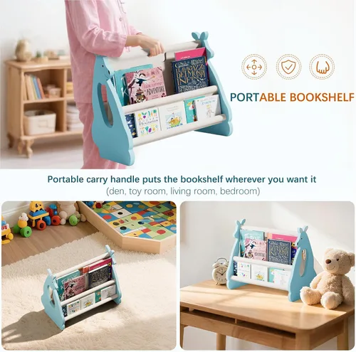 Miniatura 6 de Estantería infantil de doble cara – Estantería portátil de 2 niveles para niños pequeños, estante para libros para habitaciones de niños y sala