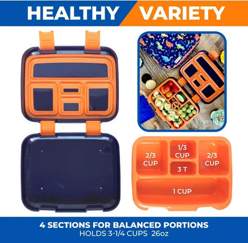 Miniatura 5 de kinsho Lonchera Bento con bolsa aislada, botella de agua y bolsa de hielo para niños pequeños, 5 secciones de porciones, bandeja extraíble sin BPA