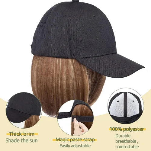 Miniatura 2 de S-noilite Peluca de gorra de béisbol de 6 pulgadas con peinado Bob y extensiones de cabello, gorra de béisbol recta ajustable para mujer
