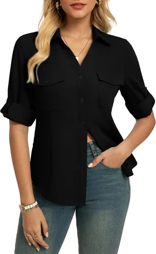 GRACE KARIN Camisas con botones para mujer, cuello en V clásico, manga 3/4, blusas básicas elegantes sin arrugas