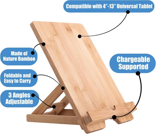 Miniatura 3 de Soporte para tableta de bambú Soporte ajustable plegable de madera para iPad con orificio cargable para escritorio iPad Soporte de cocina