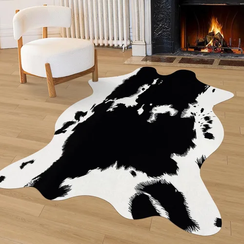Miniatura 21 de Bonita alfombra con estampado de vaca, pequeña de piel sintética de vaca en blanco y negro, alfombra con estampado animal para mesa, dormitorio