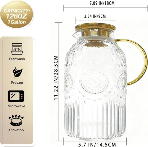 Miniatura 2 de Amzcku Jarra de vidrio con tapa, jarra de agua vintage de 1 galón/128 onzas, jarra de agua para preparación fría, café, limonada, té helado