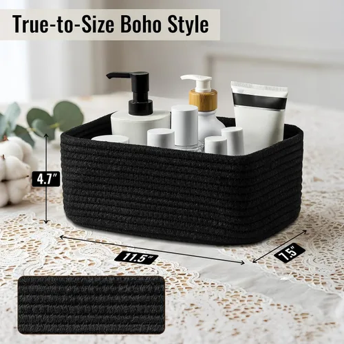 Miniatura 2 de Paquete de 8 cestas de almacenamiento pequeñas para organizar, cubos de cuerda tejida para baño, armario, organizador de estantes, bonita caja Negro
