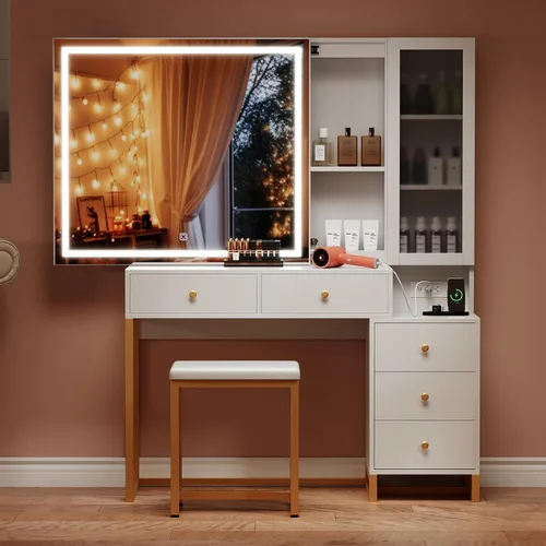 Miniatura 11 de Wildhome Escritorio de tocador de maquillaje con espejo y luces, mesa de tocador grande de 47 pulgadas con 9 cajones y 10 estantes de almacenamiento