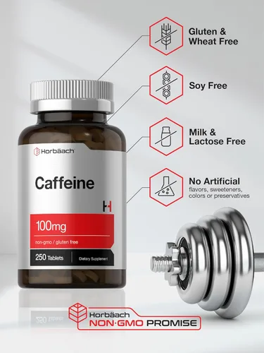 Miniatura 5 de Horbäach Píldoras de cafeína de 100 mg 250 tabletas Fórmula vegetariana Suplemento sin OMG, sin gluten