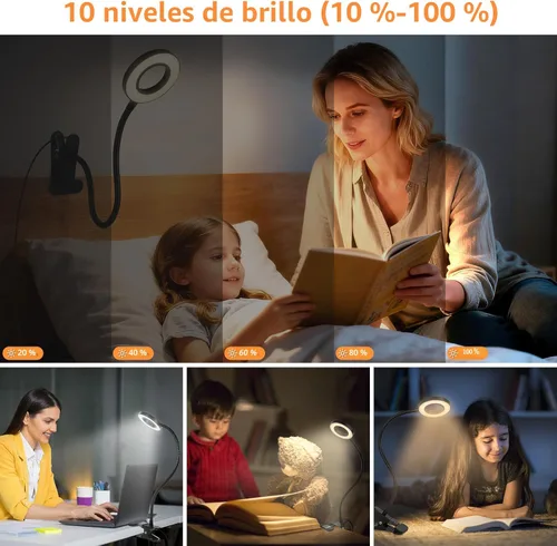 Miniatura 3 de Woputne Lámpara de escritorio con clip para lectura en casa, oficina, 10 brillo regulable, 3 modos, luz de abrazadera para cabecera de cama Negro
