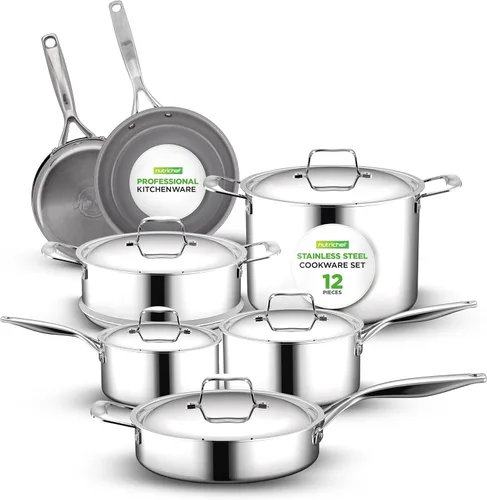 NutriChef Juego de utensilios de cocina profesionales de acero inoxidable de 12 piezas, ollas de tres capas, sartenes antiadherentes de cerámica,