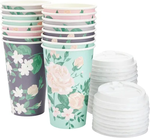 Miniatura 8 de BLUE PANDA Tazas de café de papel, 16 onzas, 48 unidades, 4 colores florales pastel, tazas desechables con tapas para café caliente y frío y té