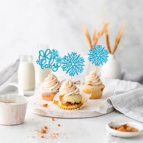 Miniatura 5 de Gyufise 24 adornos de copos de nieve Oh Baby para cupcakes con purpurina azul, decoración de pastel de baby shower congelado para baby shower
