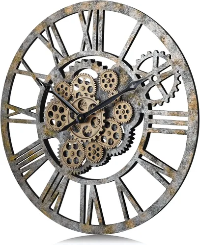 Miniatura 5 de Lafocuse Reloj de pared de engranaje móvil real de 23 pulgadas, reloj de pared Steampunk con engranajes rústicos, relojes de pared grandes de madera