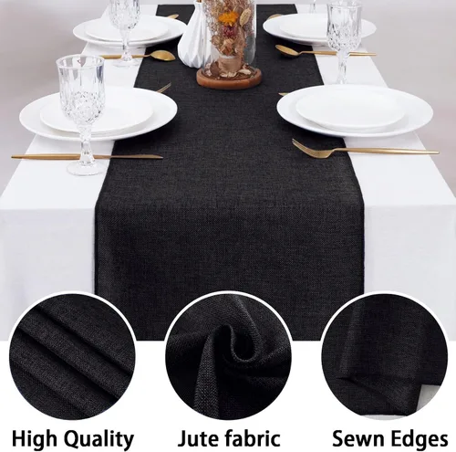 Miniatura 3 de Camino de mesa negro de 12 x 84 pulgadas de largo, tela de arpillera, camino de mesa de Halloween para bodas, fiestas, otoño, decoración de mesa