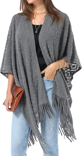 Miniatura 25 de Soul Young - Chal de punto para mujer, poncho con flecos y capa