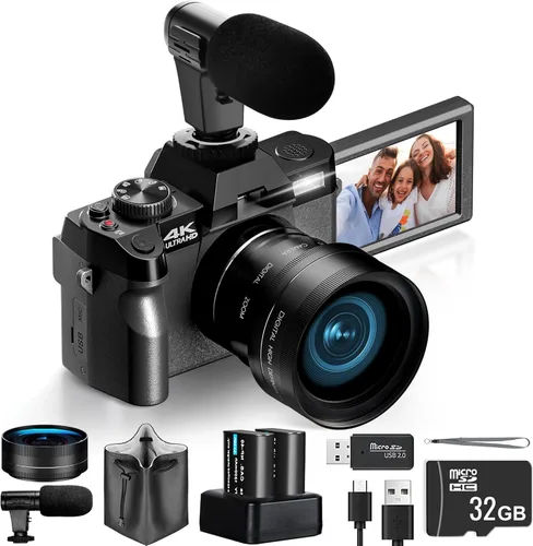 Cámaras digitales 4K para fotografía Cámara de video de 48MP/60FPS para YouTube con pantalla abatible de 3 pulgadas, WiFi de 180°, cámaras de zoom