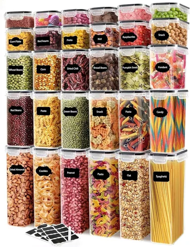 JUJOJB Juego de recipientes herméticos para almacenamiento de alimentos con tapas, paquete de 30, organización de cocina y despensa de plástico sin