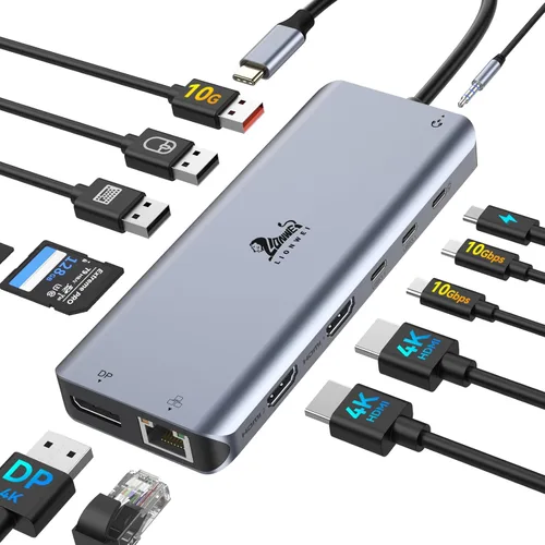 Miniatura 13 de LIONWEI Estación de acoplamiento para laptop 9 en 1, HDMI dual, 100 W PD, USB C 3.0, Ethernet, audio/micrófono, concentrador USB C para portátiles