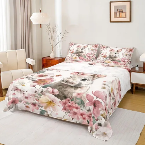 Miniatura 15 de Erosebridal Juego de sábanas de tamaño individual con diseño de gatos y gatos, con temática de animales, con flores coloridas, juego de sábanas